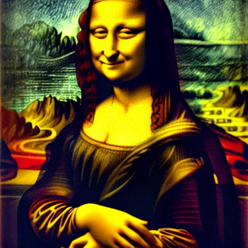 Prompt: photograph of mona lisa by vincent van gogh, starry night, ambient, pastel - n 9