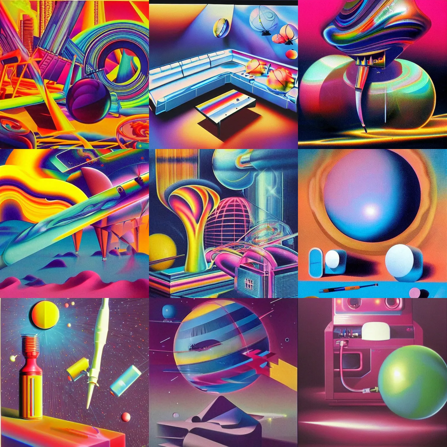 Prompt: clean 1980s airbrush art a surreal space filled with colorful objects and shapes