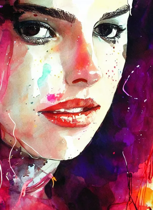 Prompt: sexy little smile nathalie portman by agnes cecile, extremely luminous bright design, pastel colours, ink drips, autumn lights