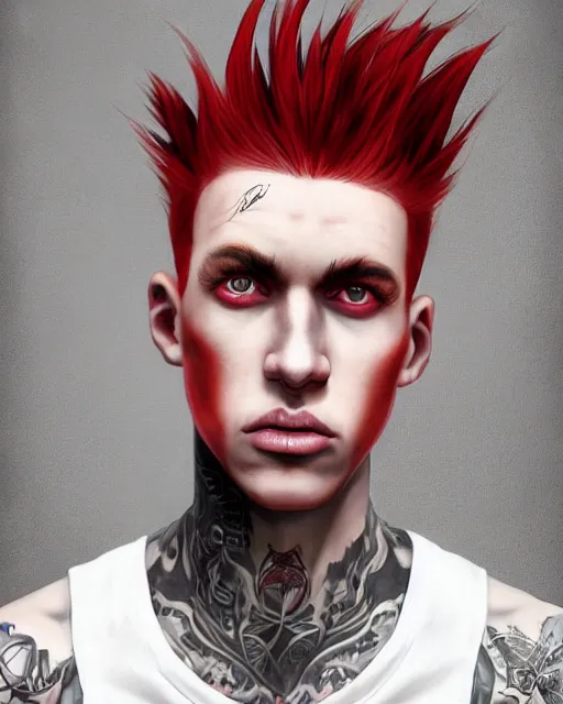 Image similar to young man with a short red mohawk, red irises and a slim face, piercings, dressed in crustpunk clothing, headshot, attractive, handsome, model, trending on artstation, high quality art, character design, realism art, award winning art, clean face, by mandy jurgens, in color, no makeup, no tattoos, no facial hair