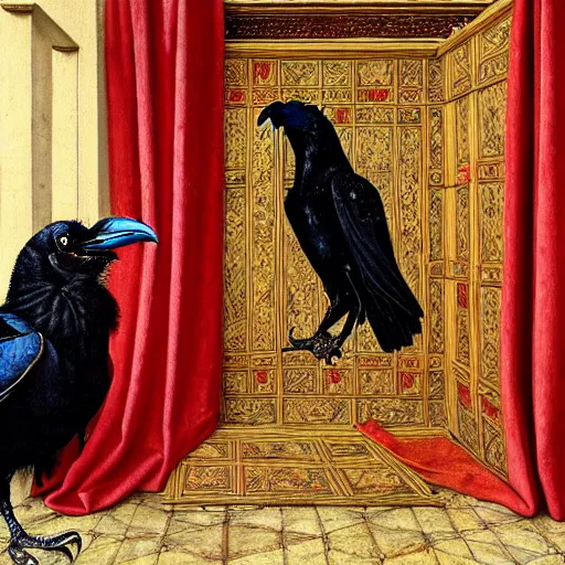 Image similar to a highly detailed painting of a raven, dressed in elegant tudor clothes, inside a room with thick red tapestries, by hans holbein