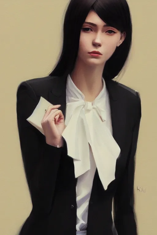 Image similar to a ultradetailed beautiful panting of a stylish woman wearing a black loose fit suit with a tie, oil painting, by ilya kuvshinov, greg rutkowski and makoto shinkai, trending on artstation