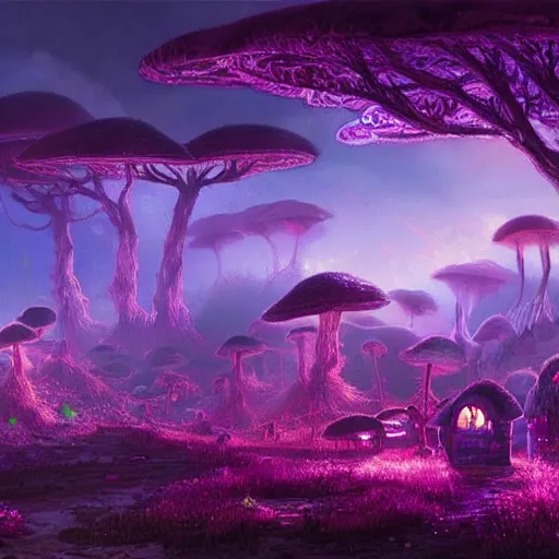 Image similar to concept art painting of a fantasy alien fungal landscape at night, magenta trees, glowing blue mushrooms, village of houses made of mushrooms, dark purple sky, realistic, detailed, cel shaded, in the style of makoto shinkai and greg rutkowski and albert bierstadt and james gurney