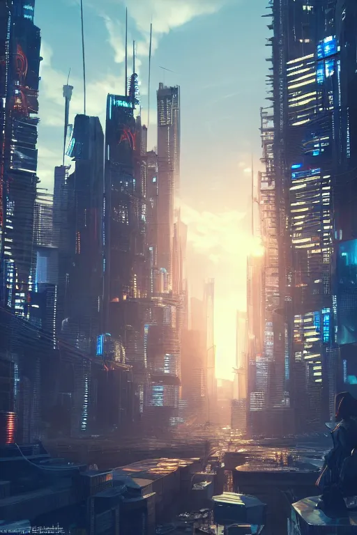 Image similar to cyberpunk cityscape like tokyo nework with tall buildings at dusk golden hour cinematic lighting, epic composition. A golden daylight, hyper-realistic environment. Hyper and intricate detail, photo-realistic. Cinematic and volumetric light. Epic concept art. Octane render and Unreal Engine, trending on artstation