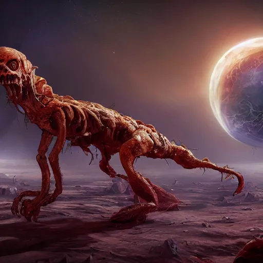 Image similar to eldritch horror bloody garfield in space, hd, 8 k, giant, epic, realistic photo, unreal engine, stars, prophecy, powerful, cinematic lighting, destroyed planet, debris, violent, sinister, ray tracing, dynamic, epic composition, dark, horrific, teeth, grotesque, monochrome drawing, hellscape