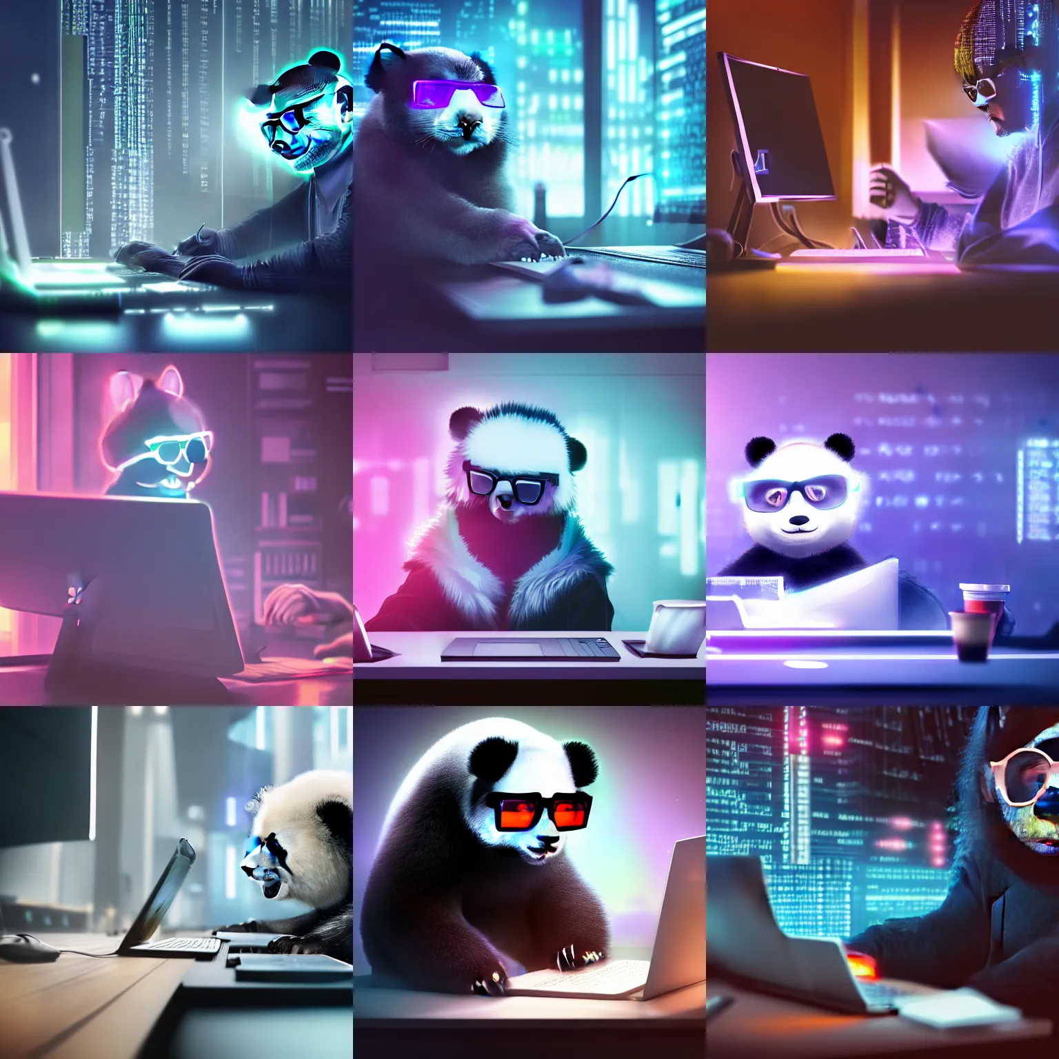 Prompt: a fluffy panda like a programmer wearing metal frame glasses is coding in front of the computer by hands, foggy, mystery code, Cyberpunk, neon light, 4k, hd, highly detailed, 8k