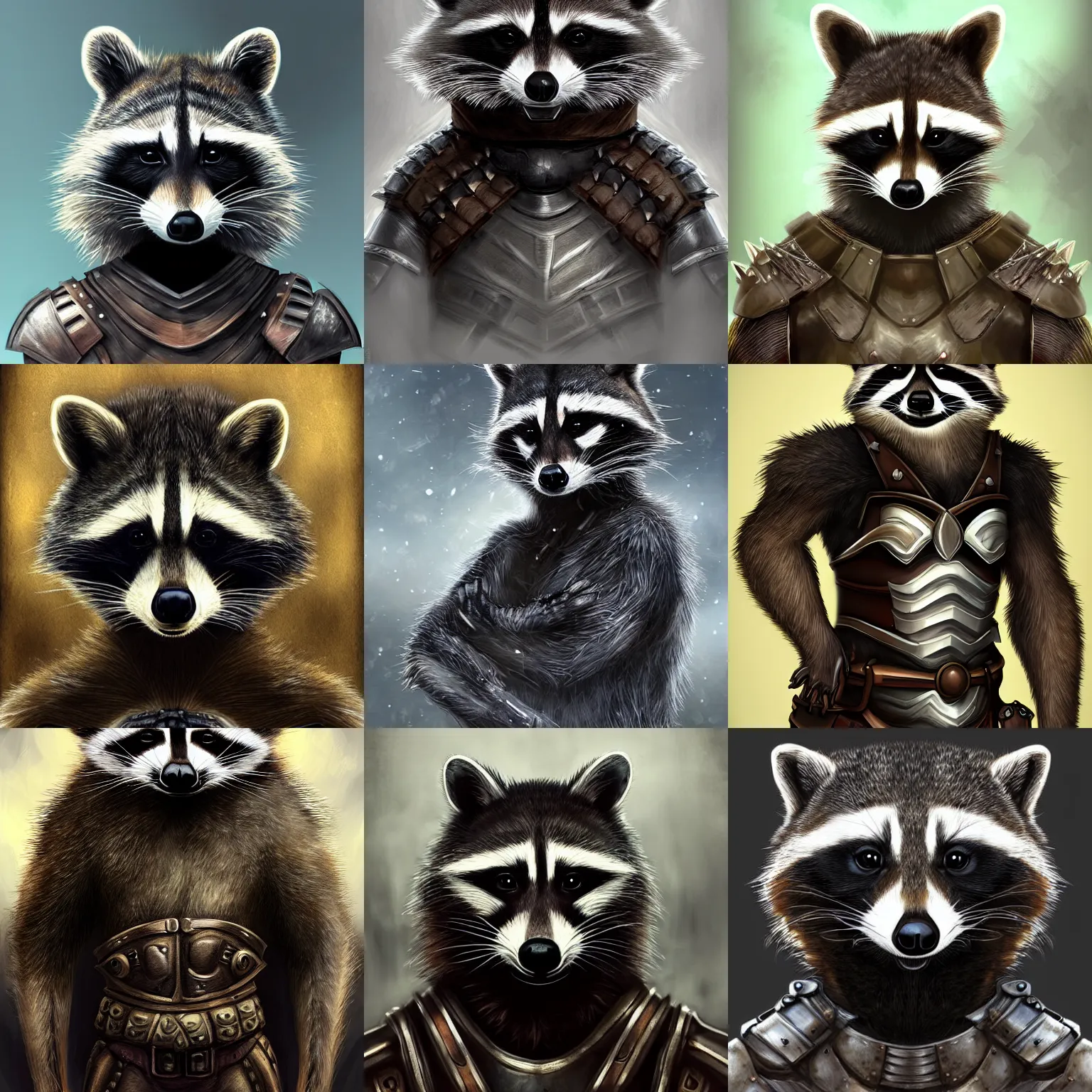 Prompt: Portrait of a raccoon humanoid in heavy armor. Dark fantasy, digital art, HD, detailed.