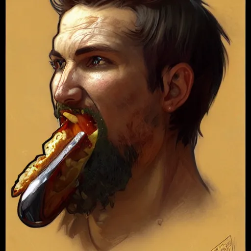 Image similar to a portrait of Viking devouring cheese, highly detailed, digital painting, artstation, concept art, sharp focus, illustration, art by artgerm and greg rutkowski and alphonse mucha