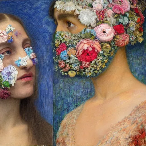 Image similar to masterpiece painting of a facemask made of flowers, by annie swynnerton and jean delville and tino rodriguez and diego rivera, photorealistic, flower mask, symbolist, dramatic lighting, god rays, elaborate geometric ornament, clean crisp graphics, soft cool colors, smooth sharp focus, extremely detailed