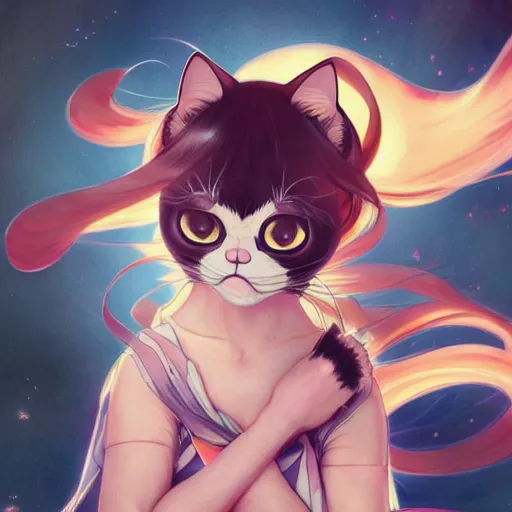 Image similar to Grumpy cat as an anime waifu, anime, weeb, asuka, die cut sticker , intricate, elegant, highly detailed, digital painting, artstation, concept art, smooth, sharp focus, illustration, art by artgerm and greg rutkowski and alphonse mucha and francisco goya