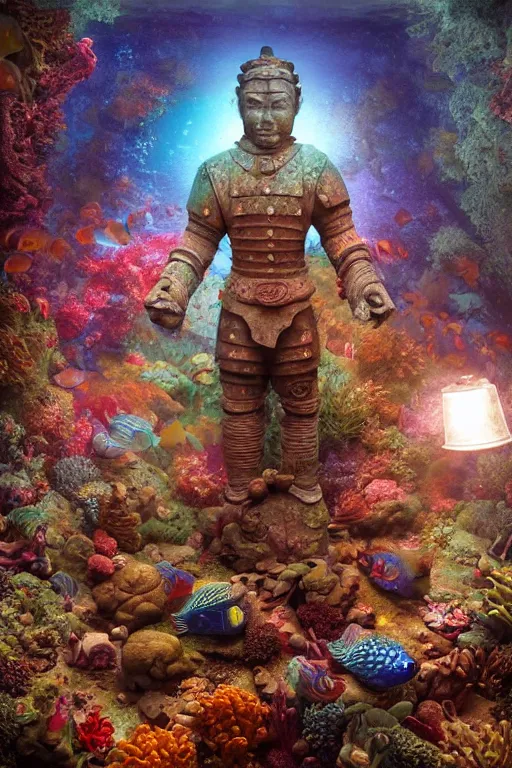 Image similar to a stunning ultra detailed underwater fantasy fine art photo of a granite statue of a terracotta warrior holding a glowing lamp, surrounded by colorful fishes, by tomasz alen kopera and anna dittman, water bubbles, very detailed, deep depth of field, 5 0 mm lens, soft lighting, artstation, highly coherent, 8 k