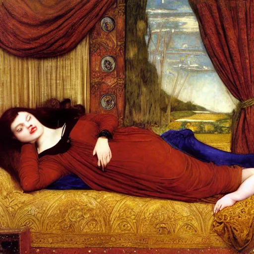 Prompt: preraphaelite photography reclining on bed, a hybrid of judy garland and a hybrid of lady gaga and eleanor of aquitaine, aged 2 5, big brown fringe, yellow ochre ornate medieval dress, john william waterhouse, kilian eng, rosetti, john everett millais, william holman hunt, william morris, 4 k