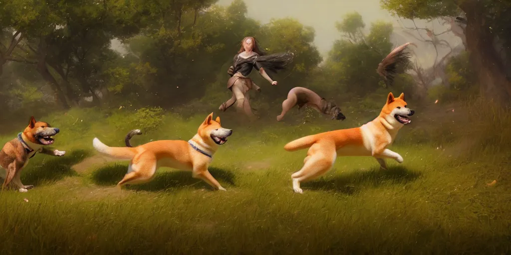 Image similar to a shiba inu fighting a dog on a path in a field, greek mythology, extremely detailed digital painting, in the style of goya and ruan jia and jeremy lipking and peter mohrbacher, mystic colors, edge light, beautiful lighting, 4 k, dazzling scene, ray tracing, octane, trending on artstation