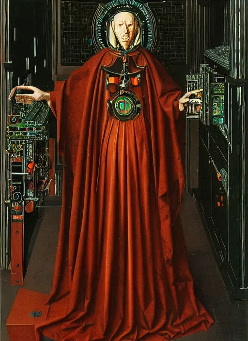 Prompt: a cybernetic priest jacking into the mainframe by Jan van Eyck