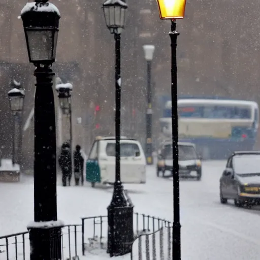 Image similar to an animal with its tongue stuck to a lamp post, snowy london street scene