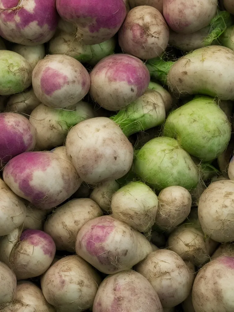 Image similar to a photorealistic turnips and rutabagas, farmer's market setting, vivid colors, soft lighting, atmospheric, cinematic, 8k