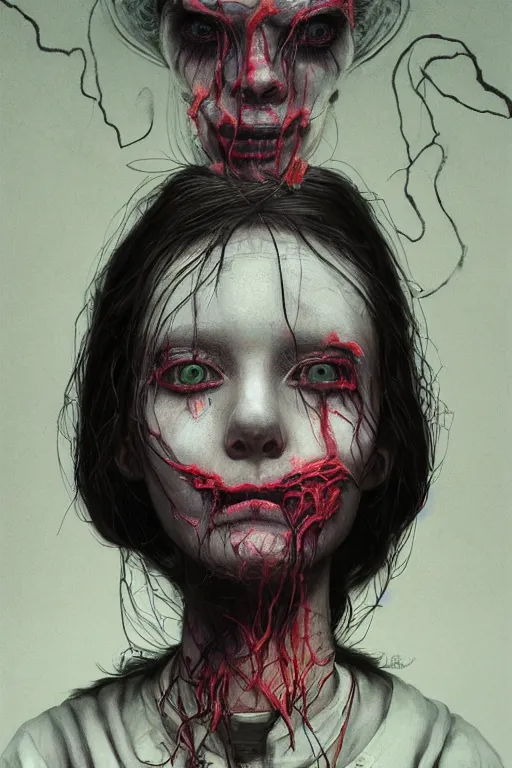 Image similar to crayon cartoon grunge portrait of a creepy horror nurse girl . intricate artwork. nightmare fuel. terrifying. by zdzisław Beksiński, wlop, dan mumford , trending on artstation, greg rutkowski very coherent symmetrical artwork. cinematic, hyper realism, high detail, octane render, 8k