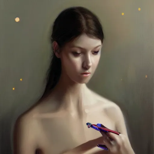 Image similar to a portrait of female young robotic ai artist painting onto a canvas, trending on art station, cosmic, beautiful, by wlop