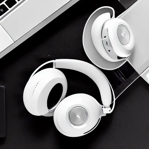 Image similar to product photoshoot of clean modern hand crafted aipods pro max beats headphones colot metal white silver with black leather padding well design ultrareallistic detailed high quality 8 k photorealistic ultra realistic