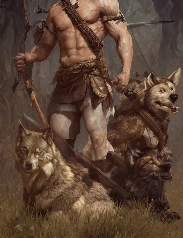 Image similar to portrait of a gruff ranger holding a spear, accompanied by a wolf dog, muscular, upper body, hairy body, D&D, fantasy, intricate, elegant, highly detailed, digital painting, artstation, concept art, matte, sharp focus, illustration, art by Artgerm and Greg Rutkowski and Alphonse Mucha