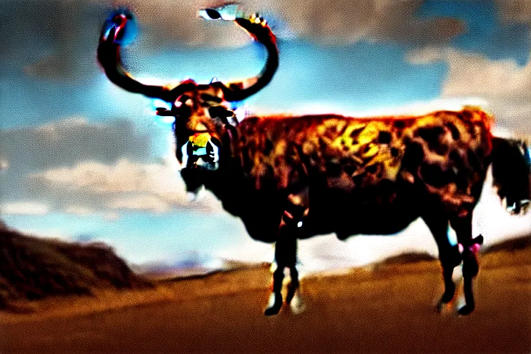 Image similar to a photorealistic sketch of a longhorn steer on a high bluff in big bend, key visual, extremely moody lighting, highly detailed, digital painting, sharp focus, illustration, unreal engine