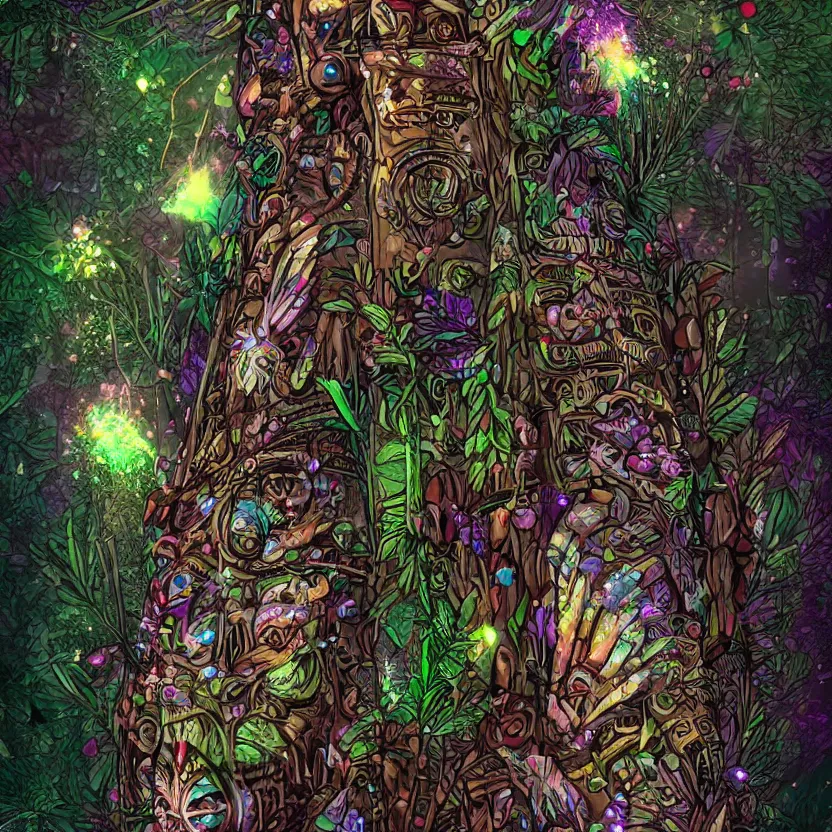 Prompt: close - up view of an indigenous totem pole glowing with magical fairy dust surrounded by dark foliage. whimsical fantasy art. highly detailed digital art. high contrast. dark background. trending on artstation