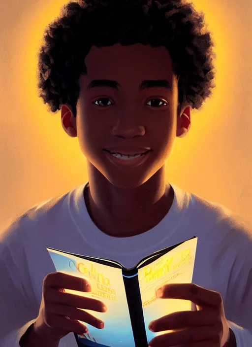 Image similar to portrait of teenage chuck clayton, black teenage boy, very short curly hair, very short hair, square jaw, slight excited smile, reading archie comic book, intricate, elegant, glowing lights, highly detailed, digital painting, artstation, concept art, smooth, sharp focus, illustration, art by wlop, mars ravelo and greg rutkowski