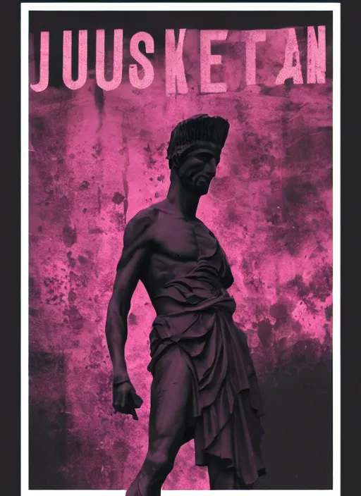 Image similar to elegant dark design poster showing a statue of julius caesar, black background with very subtle red and purple design elements, powerful, nekro, vito acconci, thin straight purple lines, dark, glitch art, neo vaporwave, gritty, layout frame, square, trending on artstation