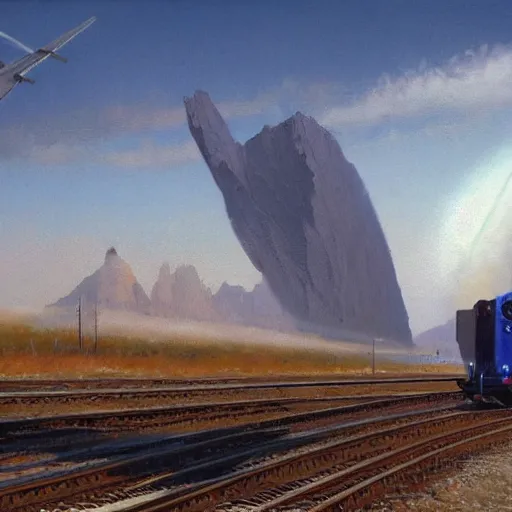 Image similar to freight line, unreal 5, DAZ, highly detailed, soft focus, brilliant, 4k, trending on artstation, art by Rick Guidice painting by Robert McCall by John Harris,