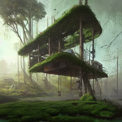 Prompt: a beautiful concept art of floating buildings and infrastructure overgrown moss by alejandro burdisio, artstation