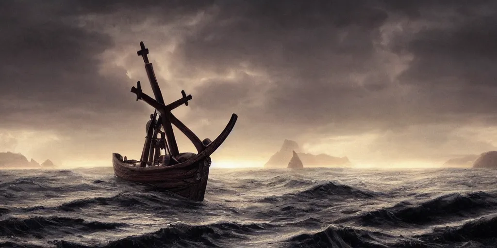 Image similar to a Viking ship, waves, a small cross in the distance on shore on the left side, by Ernest deutsch+ Ted Nasmith, dark, cinematic lighting, masterpiece, highly detailed, 8k resolution, trending on art station