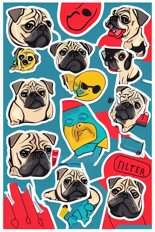 Image similar to Pug as a serial killer, sticker, colorful, illustration, highly detailed, simple, smooth and clean vector curves, no jagged lines, vector art, smooth