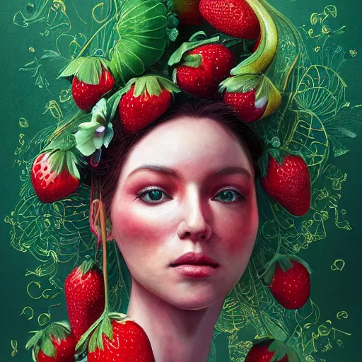 Image similar to the portrait of an absurdly beautiful, graceful, elegant, curvy woman made of strawberries and green petals, an ultrafine hyperdetailed illustration by kim jung gi, irakli nadar, intricate linework, bright colors, octopath traveler, final fantasy, angular, unreal engine 5 highly rendered, global illumination, radiant light, detailed and intricate environment