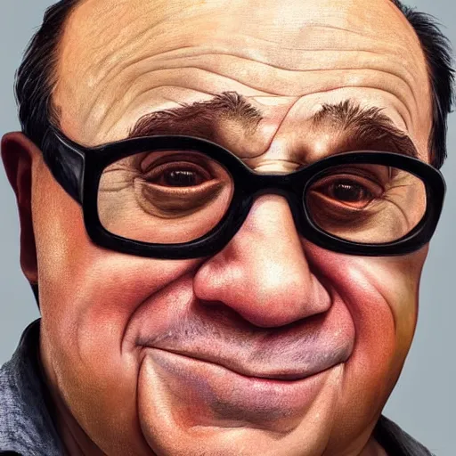 Image similar to hyperrealistic mixed media realistic image of danny devito, stunning 3 d render inspired art by xiang duan and thomas eakes and greg rutkowski, perfect facial symmetry, hyper realistic texture, realistic, highly detailed attributes and atmosphere, dim volumetric cinematic lighting, 8 k octane detailed render, post - processing, masterpiece,