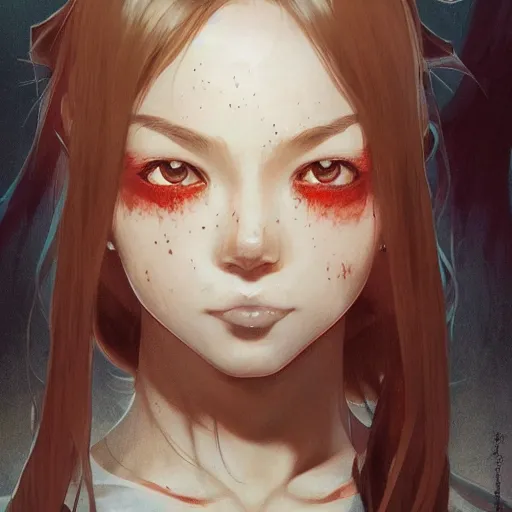 Prompt: demonic!! evil cute fourteen year old japanese girl, tomboy, evil smile, freckles!!!, fully clothed, hypnotic eyes, highly detailed, digital painting, artstation, concept art, sharp focus, illustration, cinematic lighting, art by artgerm and greg rutkowski and alphonse mucha