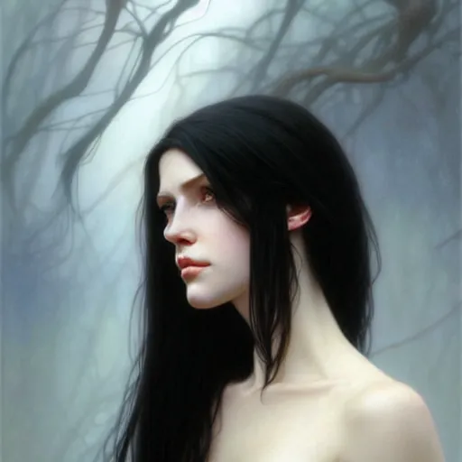 Image similar to portrait of a beautiful, pale skin, female with long black hair, dark, piercing eyes, gentle expression, elegant clothing, photorealistic, highly detailed, artstation, smooth, sharp focus, art by michael whelan, artgerm, greg rutkowski and alphonse mucha