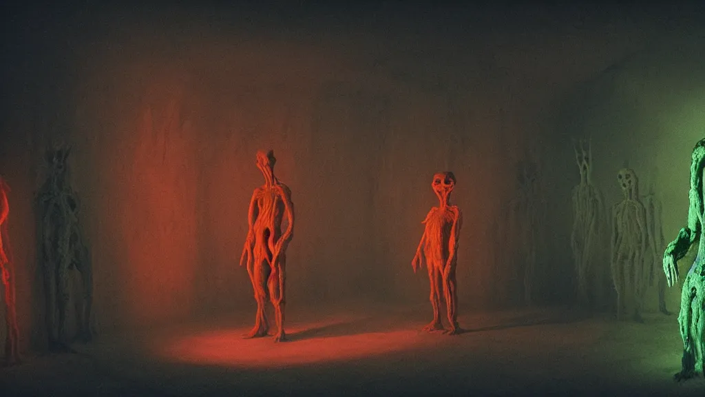 Image similar to the creature in the basement, made of glowing wax and ceramic, surrounded by friendly faces, film still from the movie directed by denis villeneuve and david cronenberg with art direction by salvador dali and zdzisław beksinski, wide lens