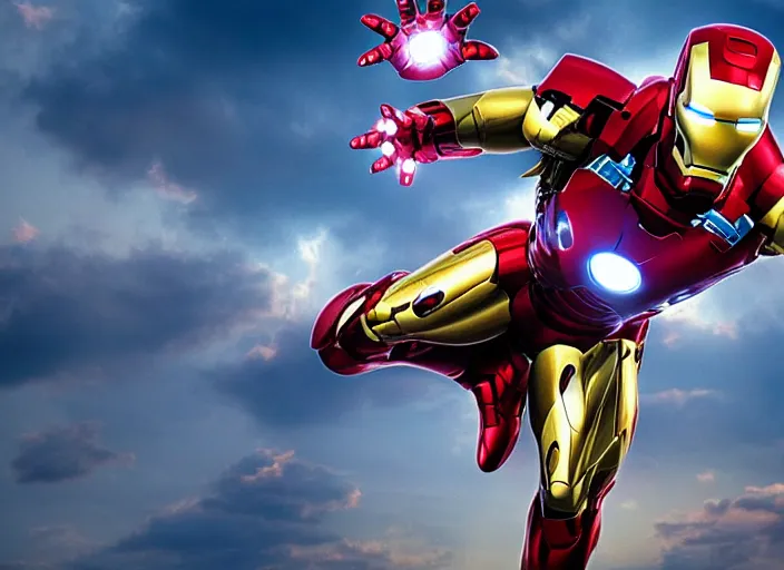 Image similar to Iron man in a dynamic pose flying through the air, high detail, complex