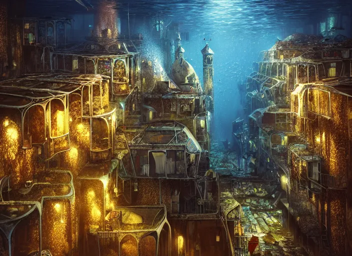 Prompt: cathedral favela, underwater environment, scenery, professional, award - winning, trending on artstation, hyper detailed, realistic, beautiful, emotional, shiny, golden, picture