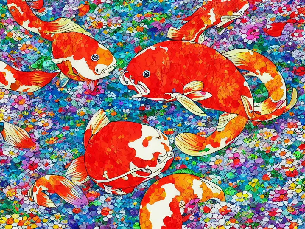 Image similar to colorful koi carp collage illustration pattern, digital painting, highly detailed, intricate, elegant, artstation, concept art, colorful, beautiful, studio ghibli, aoshima chiho, takashi murakami, manga, cute and adorable