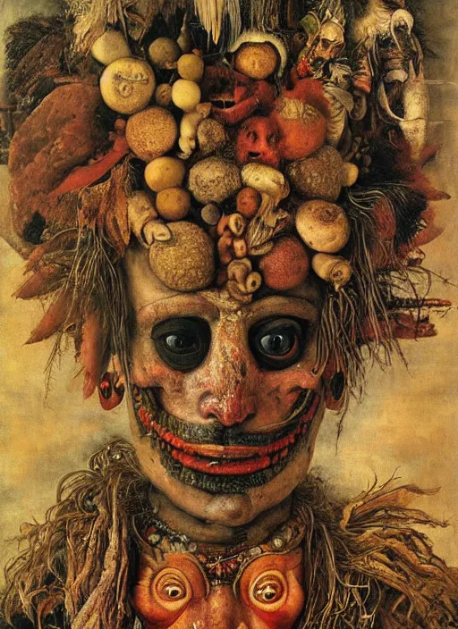 Image similar to a surreal painting of a shaman's face, by Giuseppe Arcimboldo, angels & demons, symbolist, soft colors, dramatic lighting, smooth, sharp focus, extremely detailed, aesthetically pleasing composition