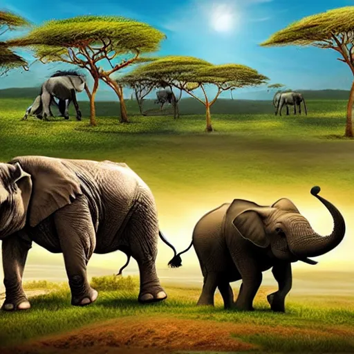 Image similar to a cartoon of an elephant chasing a rhino on african plains, tron