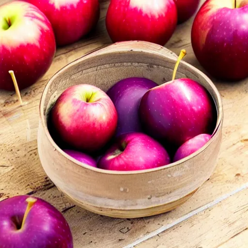 Prompt: of a purple apple in bowl of red apples