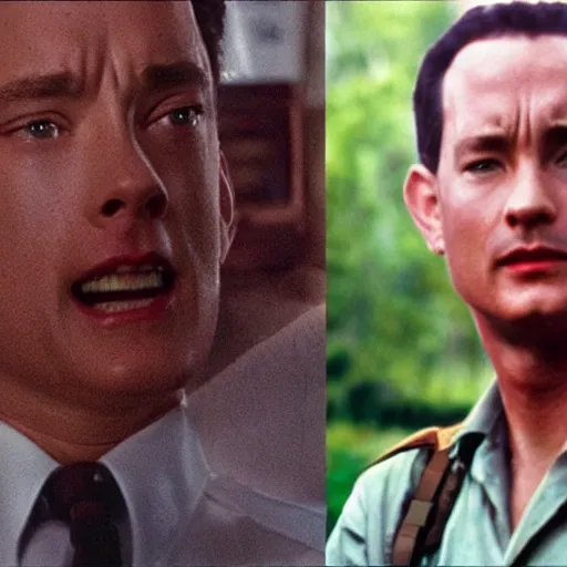 Image similar to Tom Hanks as forrest gump has giant shrimp heads instead of hands, hyper realistic, 8k resolution, amazing detail