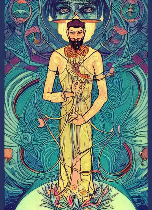 Image similar to beautiful tarot illustration of the hierophant, in the style of james jean and victo ngai, mystical colors, trending on artstation