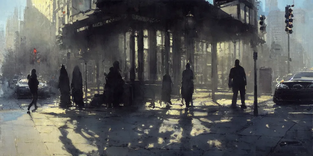 Image similar to street scene, morning sunlight, matt painting, painting by jeremy mann