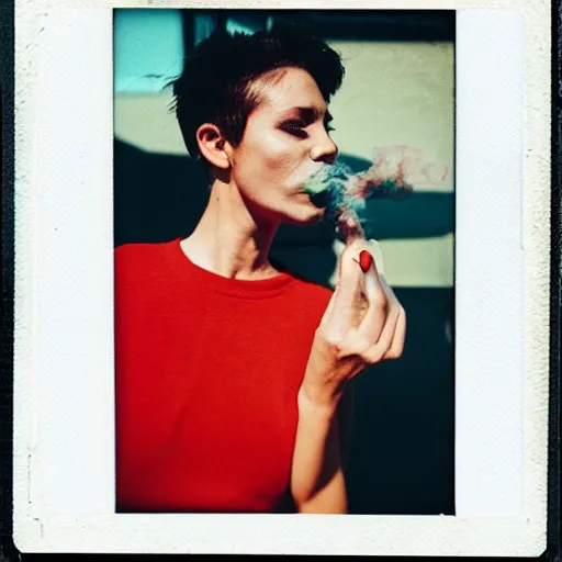 Image similar to colorful instant photograph of a short hair woman smoking in the street, leaning on the wall, polaroid, light leak, raw, nostalgic