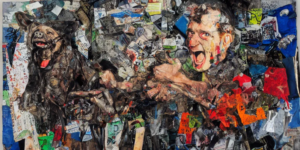 Image similar to mad dog on a chain, trash bags, collage, acrylic on canvas, expressionism movement, breathtaking detailed, by blake neubert