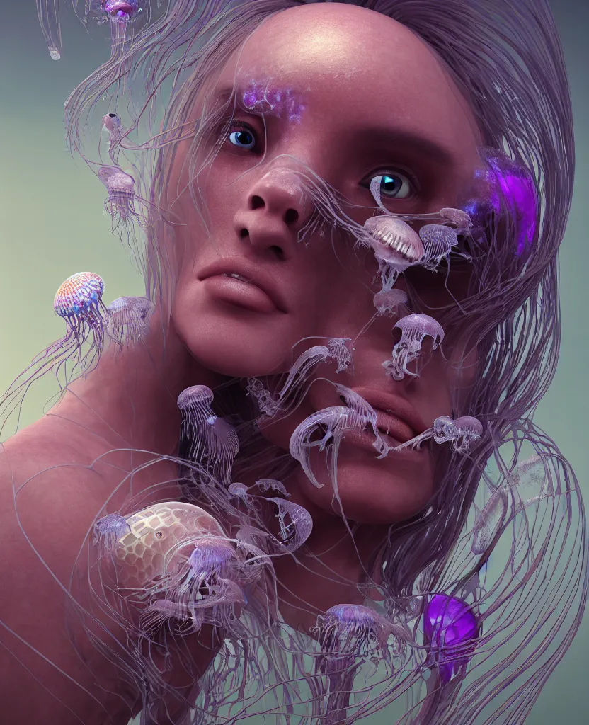 Image similar to goddess close-up portrait human skeleton, ram skull, jellyfish, orchid, betta fish, bioluminiscent, intricate artwork by Tooth Wu and wlop and beeple. octane render, trending on artstation, greg rutkowski very coherent symmetrical artwork. cinematic, hyper realism, high detail, octane render, 8k