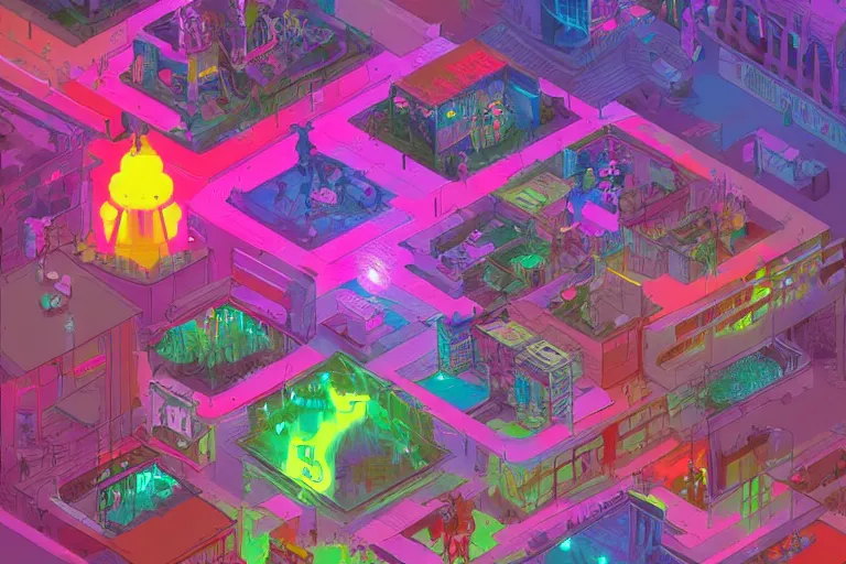 Prompt: isometric intricate flourescent complex wimmelbild illustration of weird dreamworld by greg rutkowski and dan mumford trending on artstation